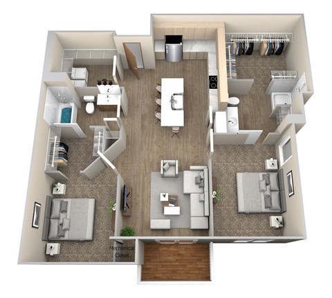 Floor plan for 2 beds, 2 baths, 1169 sqft
